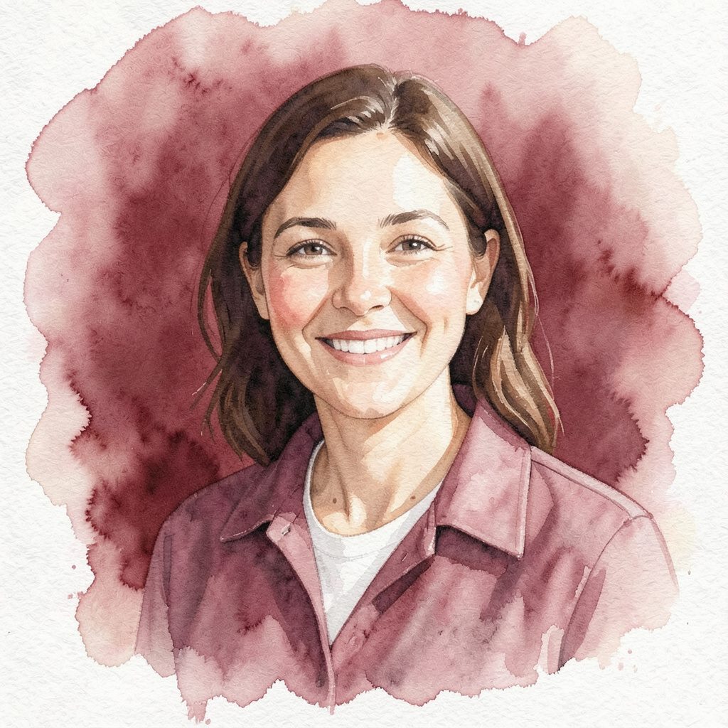 Retrato pintado en acuarela de una persona voluntaria sonriente, con colores cálidos en tonos tierra y burdeos suave, expresión serena y acogedora