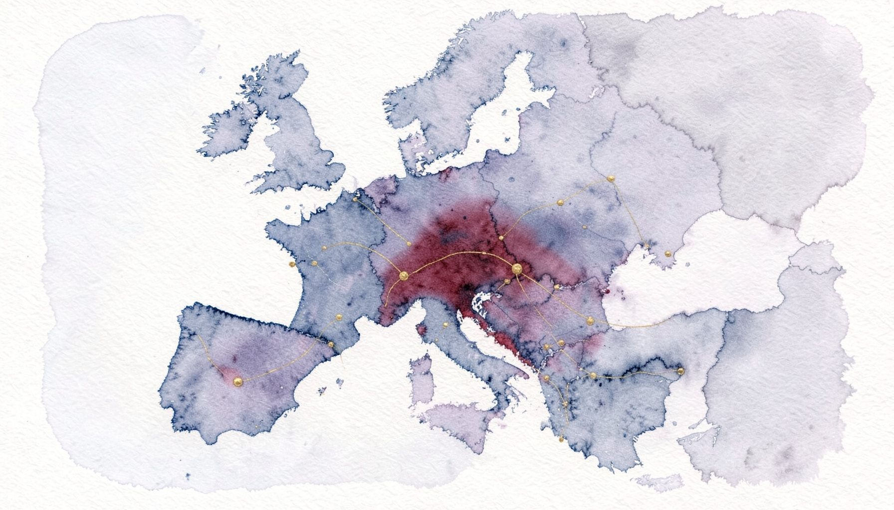 Acuarela suave de un mapa esquemático de Europa en tonos azul marino y gris lavanda, con líneas y puntos dorados que conectan distintas regiones