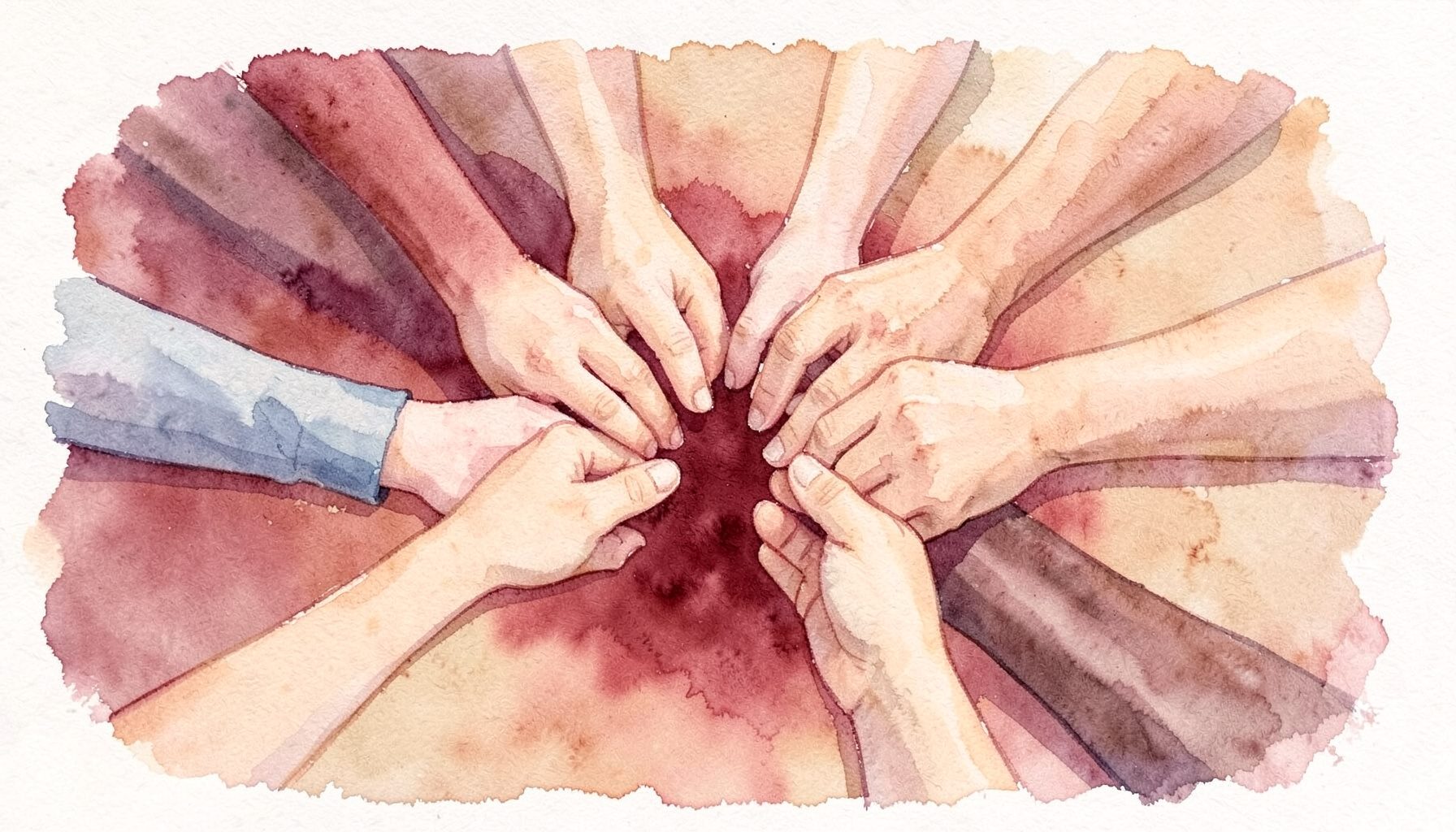 Ilustración en acuarela de manos de distintas personas uniéndose sobre un fondo cálido en tonos burdeos y arena, transmitiendo colaboración y comunidad